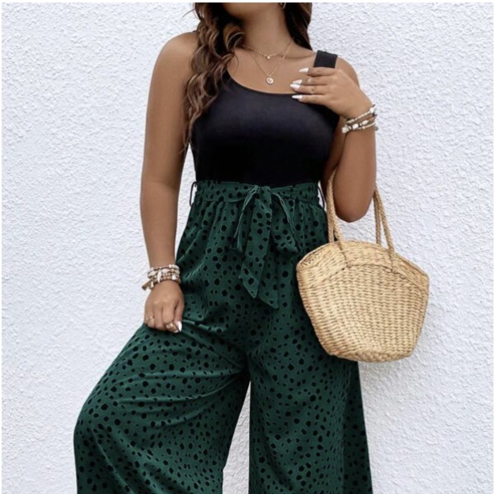 SHEIN VCAY Plus Dalmatian Print Belted Wide Leg Jumpsuit